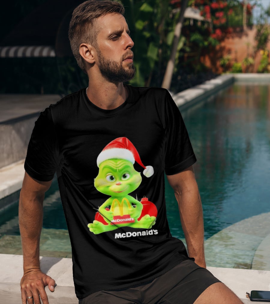 Santa Baby Grinch McDonald's Holding Happy Meal With Santa Hat And Gift Bags T-Shirt