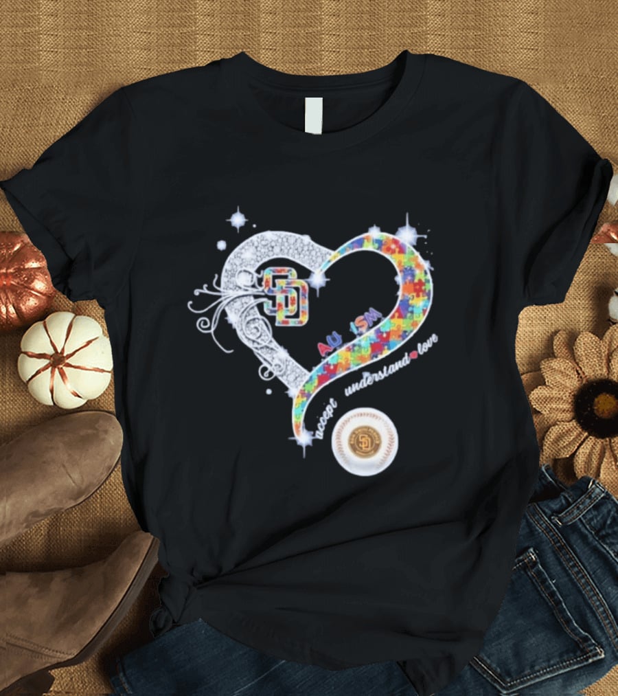 San Diego Baseball Heart Autism Accept Understand Love Puzzle T-Shirt