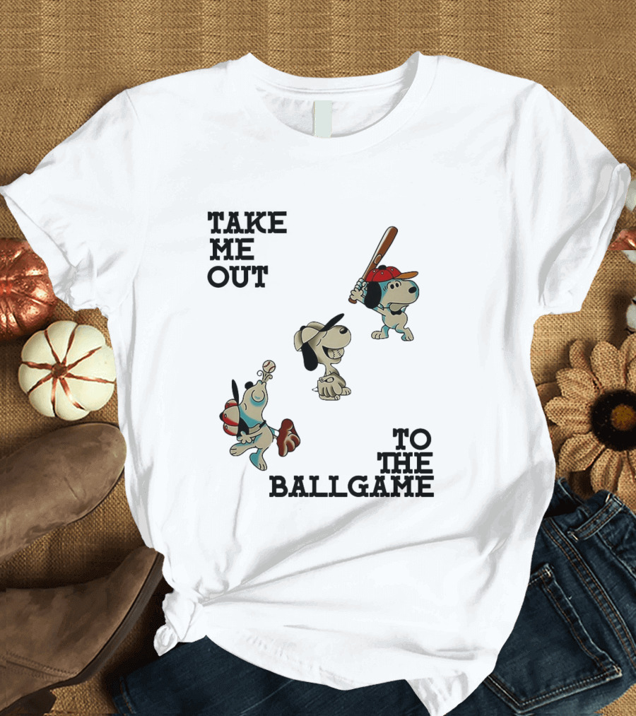 Snoopy Take Me Out To The Ballgame Baseball Red Cap Batting And Catching T-Shirt