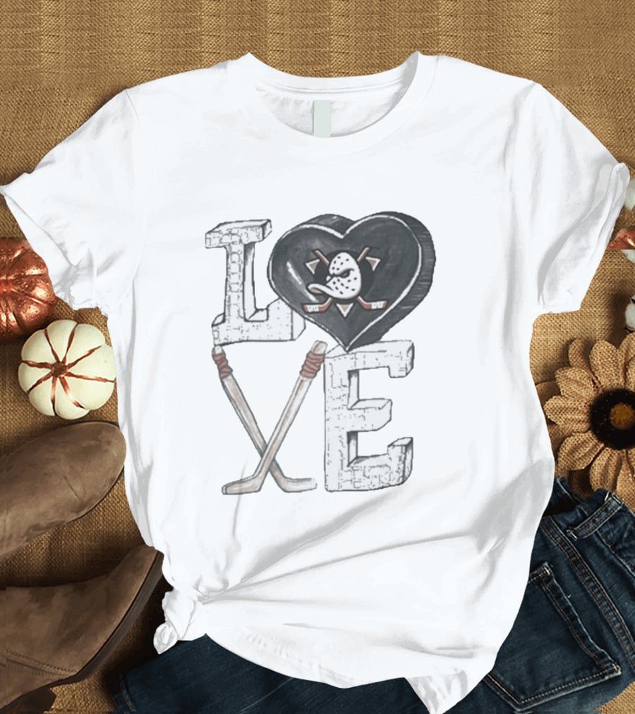 Anaheim Ducks Puck Heart Love Hockey Sticks T-Shirt