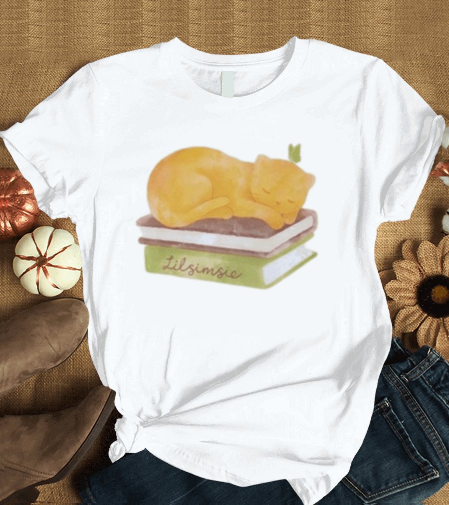 Lilsimsie Sleeping Cat On Books T-Shirt