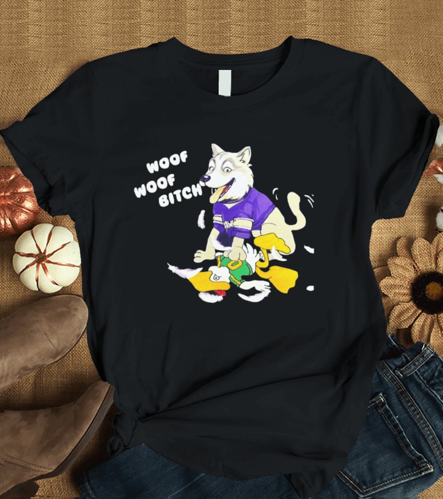 Washington Huskies Woof Woof Bitch Cartoon Mascot Scene T-Shirt
