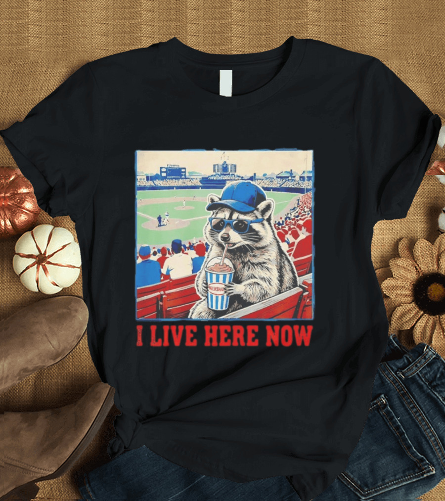 Raccoon Milkshake Baseball Field I Live Here Now T-Shirt