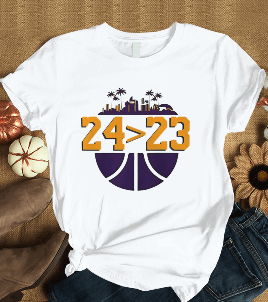 Kobe Bryant LeBron James 24 Greater Than 23 Basketball Skyline T-Shirt