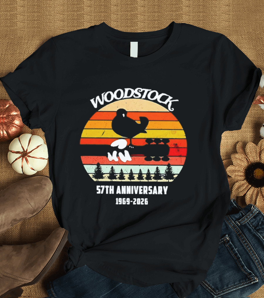 Woodstock 57th Anniversary 1969 2026 Bird Vintage Sunset Stripes T-Shirt