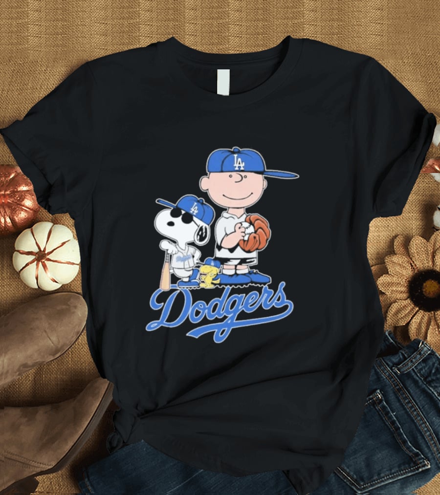 Los Angeles Dodgers Peanuts Snoopy Charlie Brown Woodstock Baseball Collaboration T-Shirt