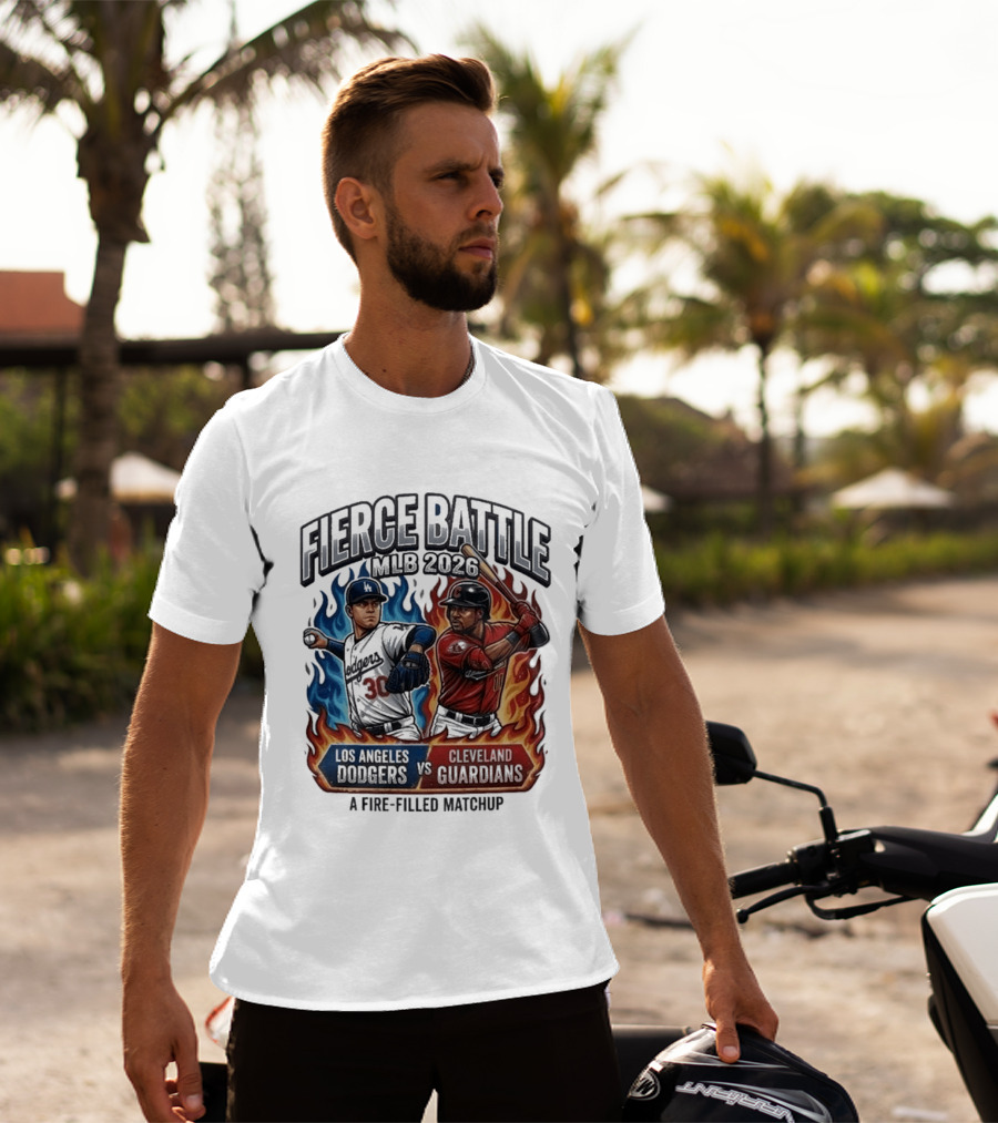 Fierce Battle MLB 2026 Los Angeles Dodgers Vs Cleveland Guardians Fire Filled Matchup T-Shirt