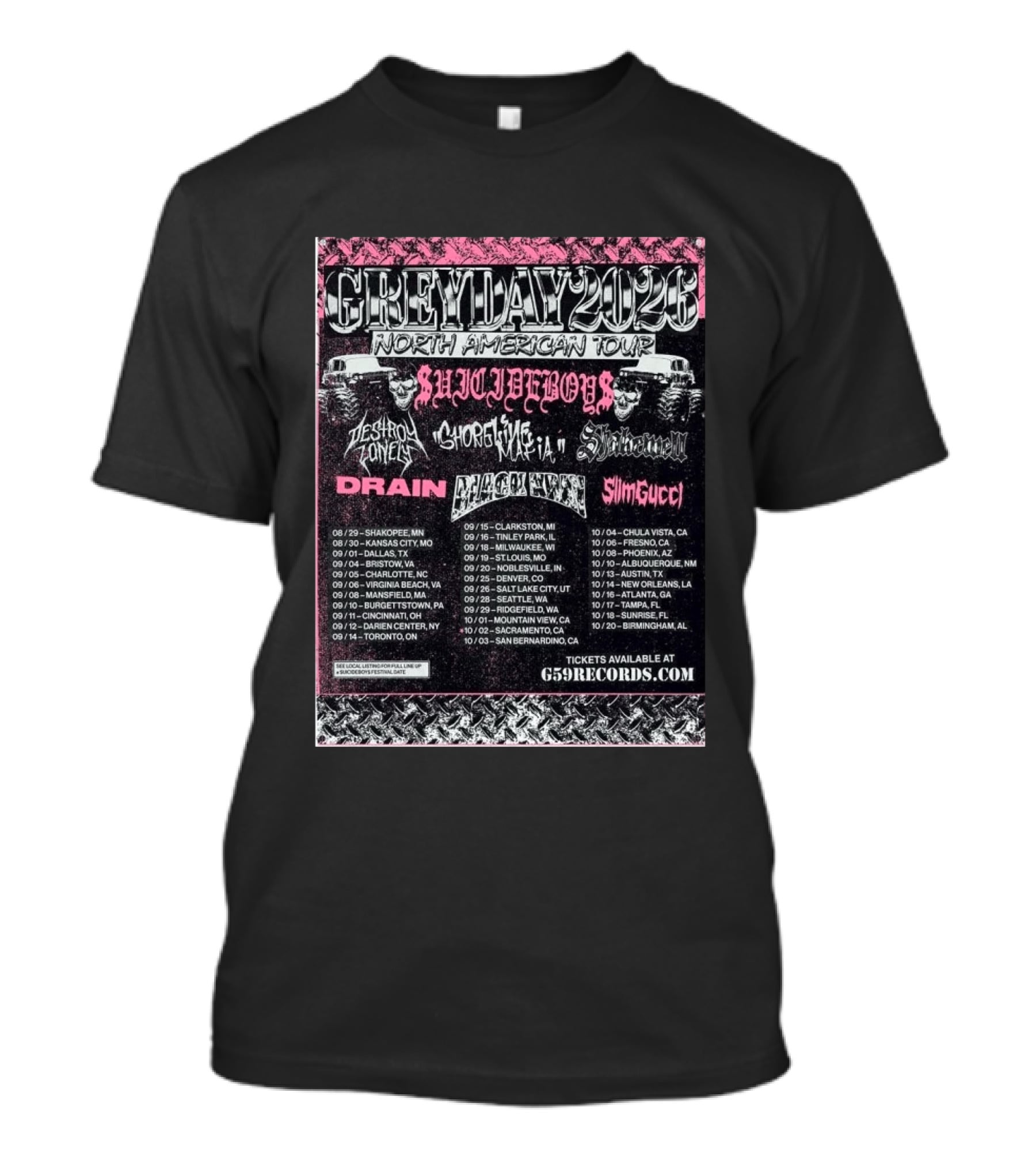 Grey Day 2026 North American Tour Suicide Boys, Destroy Lonely, Ghostemane, Drain, Slim Gucci With Schedule T-Shirt