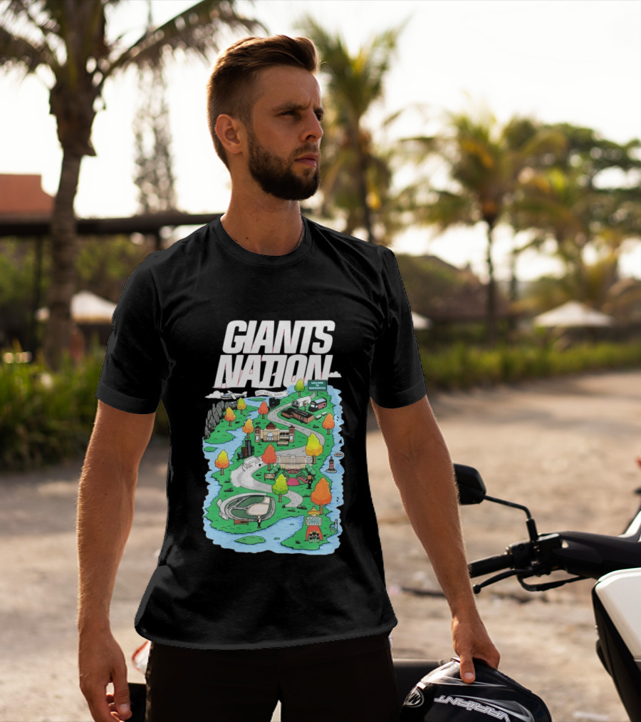 Bobby Skinner Giants Nation Cartoon Landscape Get Well Soon Welcome To Giants Nation Balloon Trees River T-Shirt
