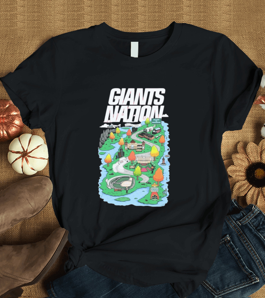 Bobby Skinner Giants Nation Cartoon Landscape Get Well Soon Welcome To Giants Nation Balloon Trees River T-Shirt