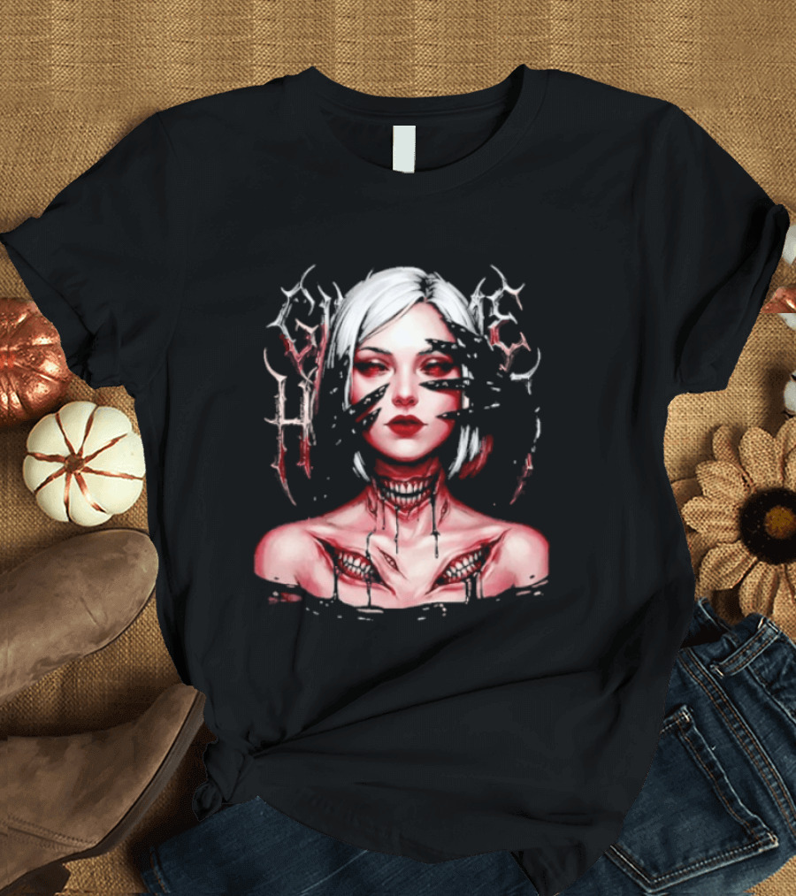 Dark Embrace Washed Creepy Pale Woman Fantasy Eyes T-Shirt