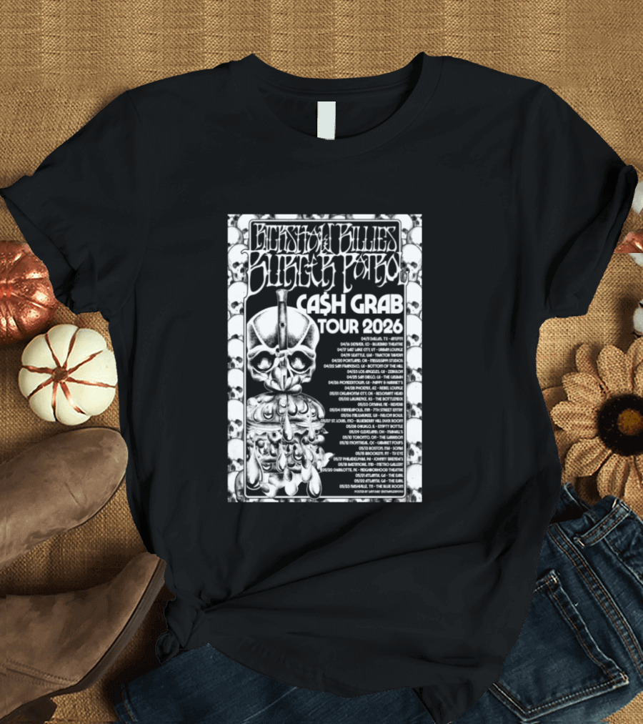 Rickshaw Billies Burger Patrol Cash Grab Tour 2026 Concert Dates Sketched Skull T-Shirt