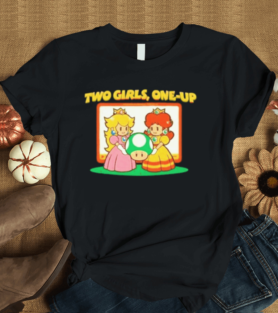 Two Girls One Up Mario Princess Peach Daisy 1 Up Mushroom T-Shirt