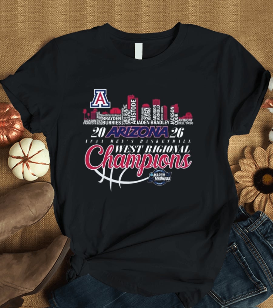 Arizona Wildcats 2026 NCAA Men's Basketball West Regional Champions March Madness Skyline T-Shirt