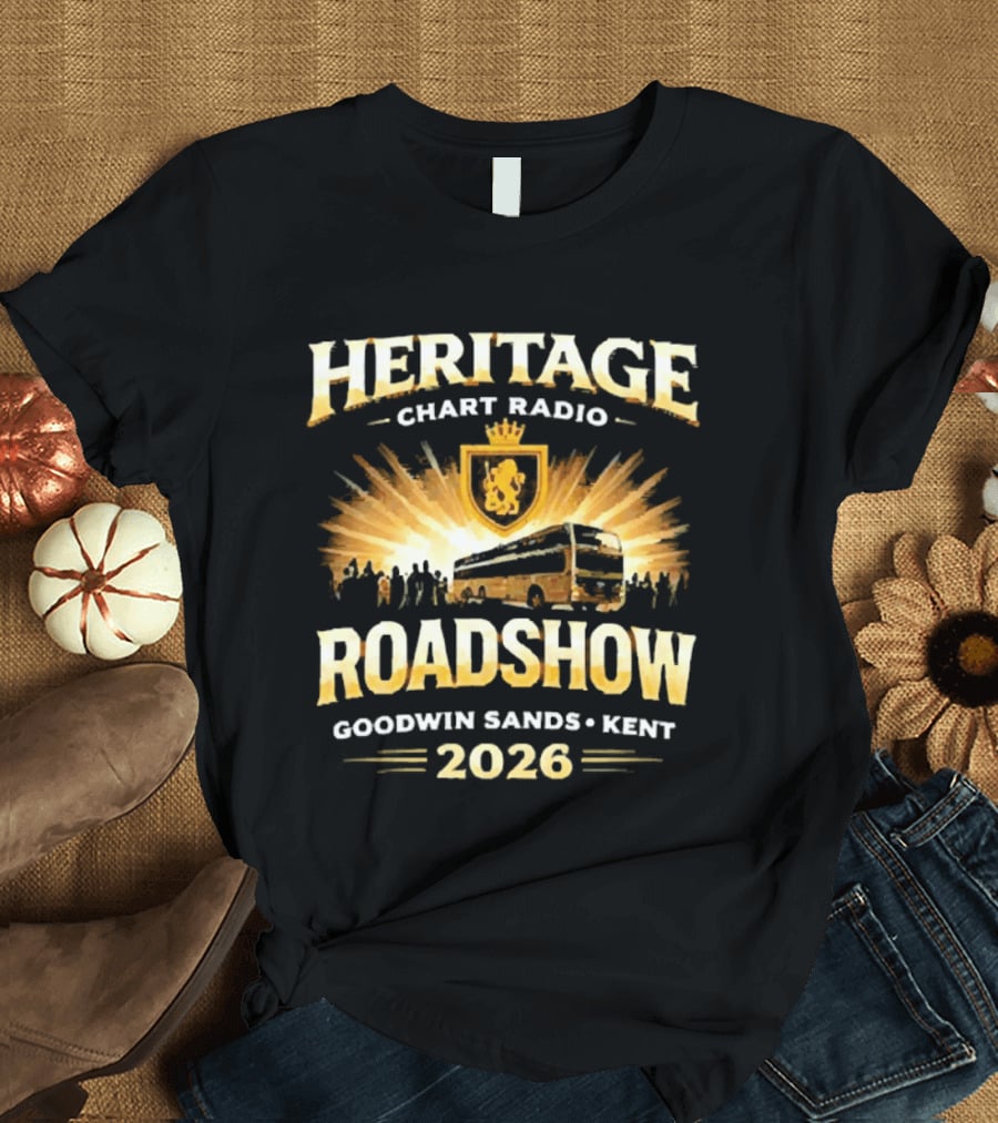 Heritage Chart Radio Roadshow Goodwin Sands Kent 2026 Lion Crest Bus Tour T-Shirt
