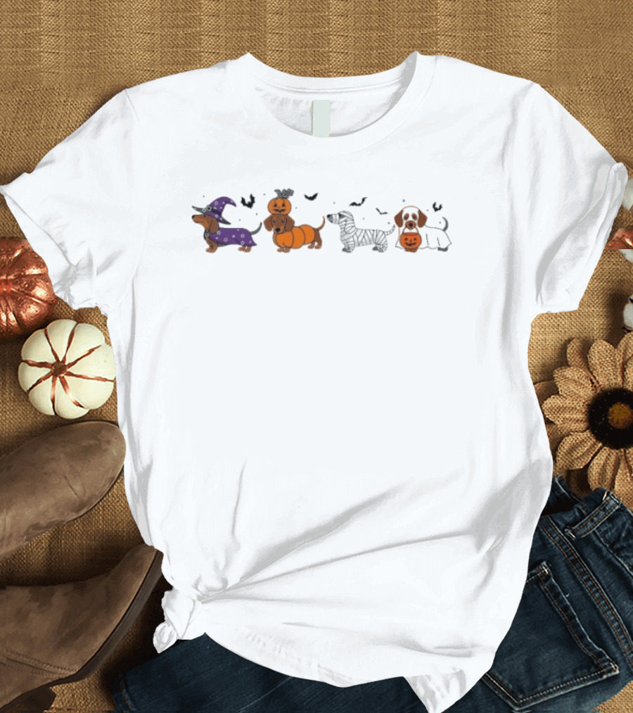 Halloween Dogs Witch Pumpkin Dachshund Costume Party T-Shirt