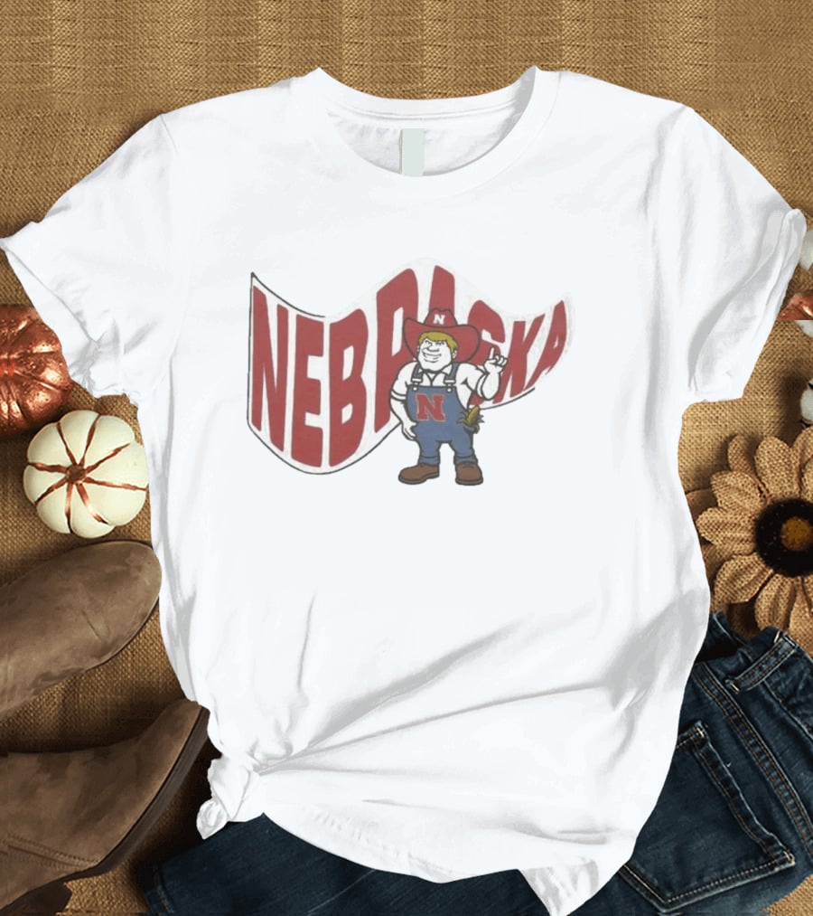 Nebraska Waving Flag Big Red N Mascot Overalls Cowboy Hat T-Shirt