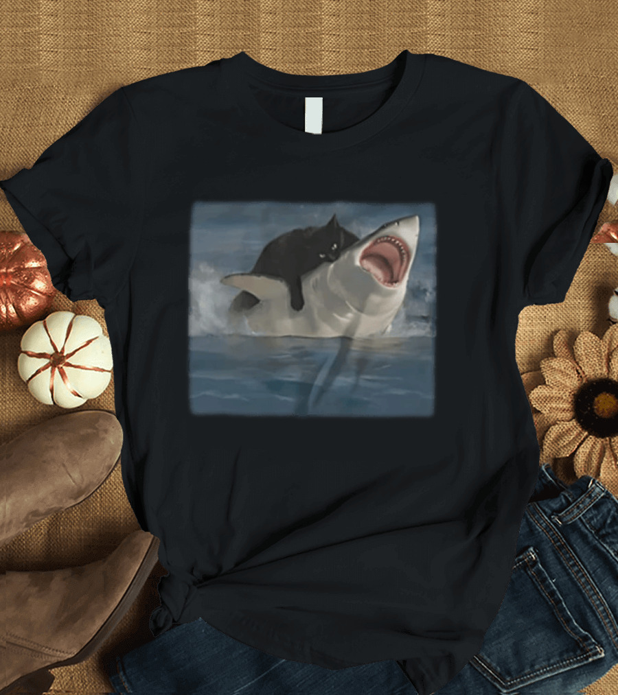 Black Cat Riding On Great White Shark Ocean Adventure T-Shirt