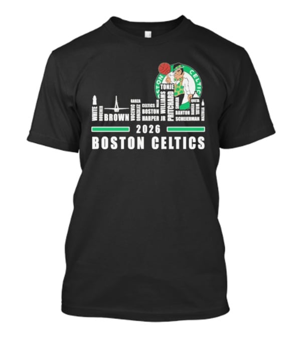 2026 Boston Celtics Brown Tatum Brogdon Porzingis White Smart Hoops Skyline T-Shirt