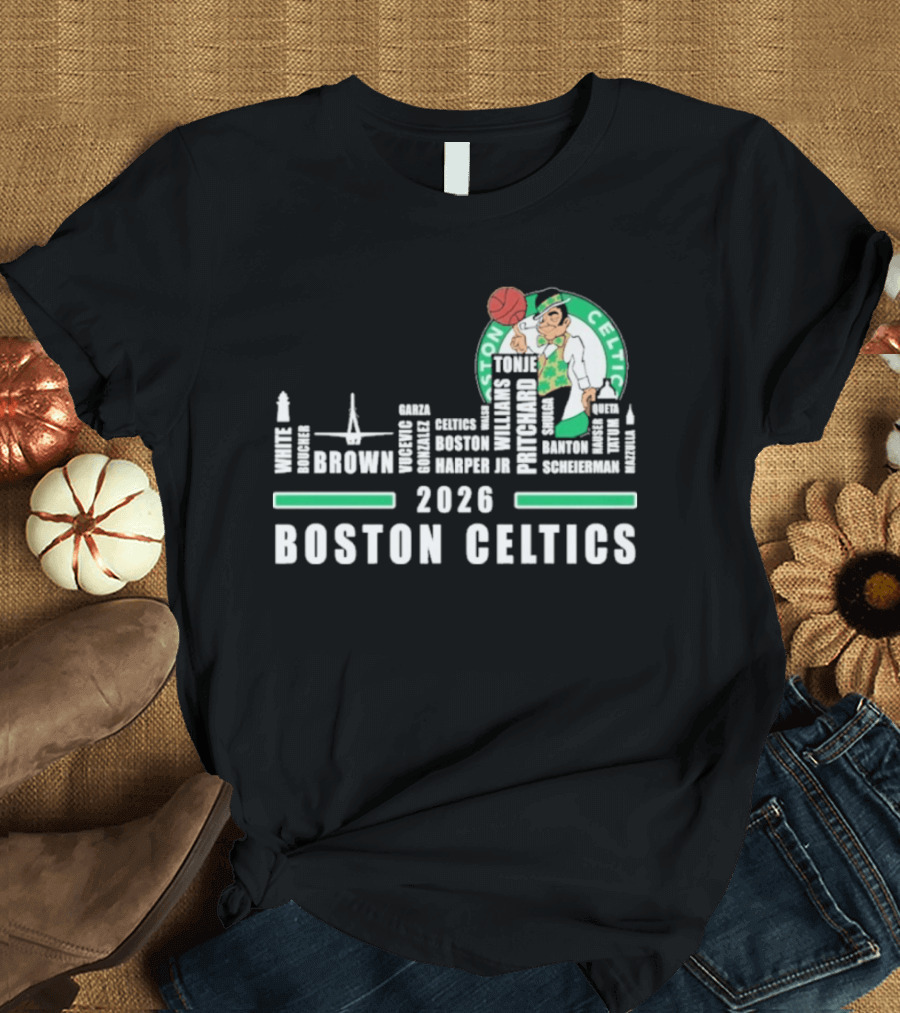 2026 Boston Celtics Brown Tatum Brogdon Porzingis White Smart Hoops Skyline T-Shirt
