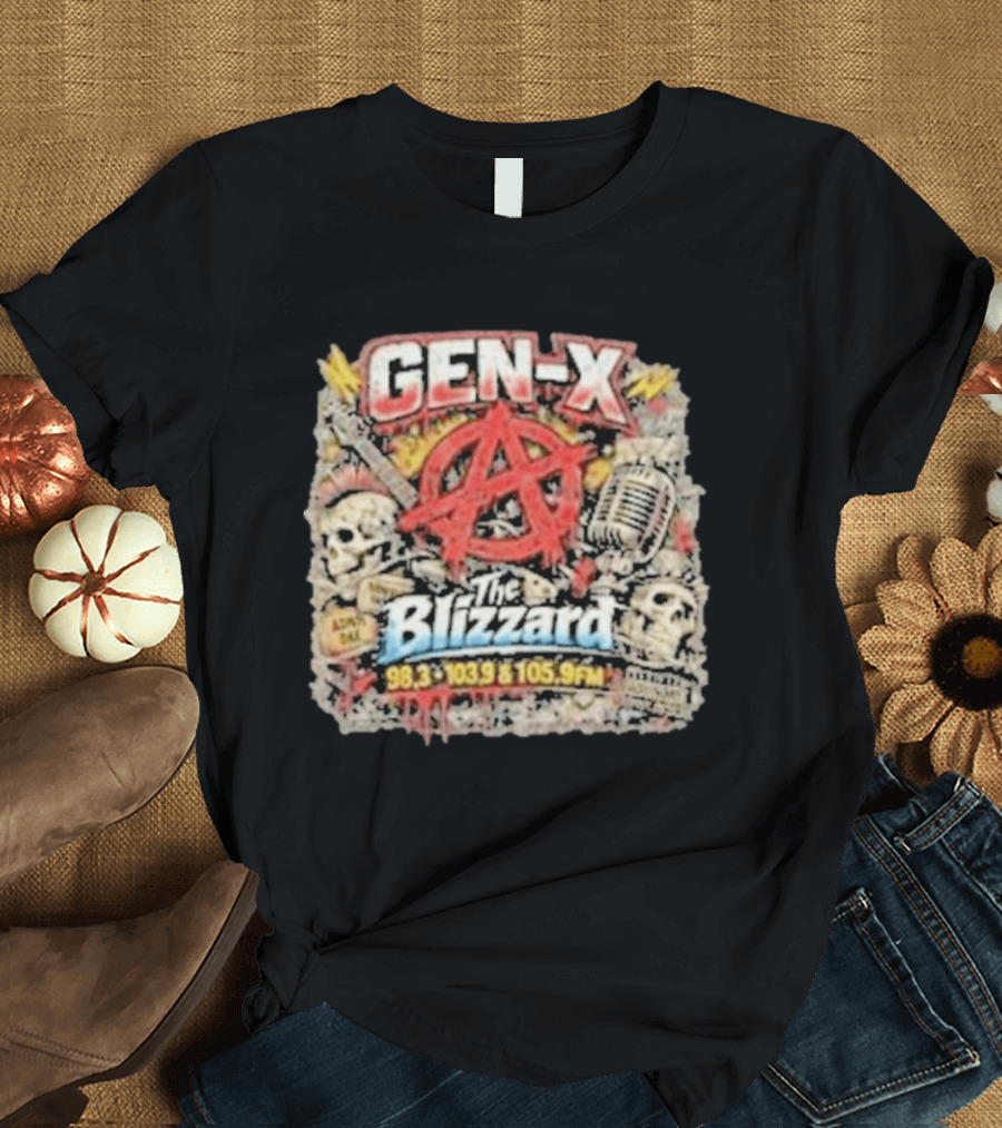 Gen X The Blizzard 98.3 103.9 105.9 FM Anarchy Skulls Microphone T-Shirt