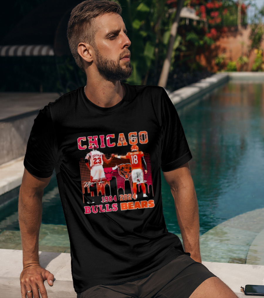 Chicago Bulls Michael Jordan 23 And Chicago Bears Caleb Williams 18 1984 2024 Signatures T-Shirt