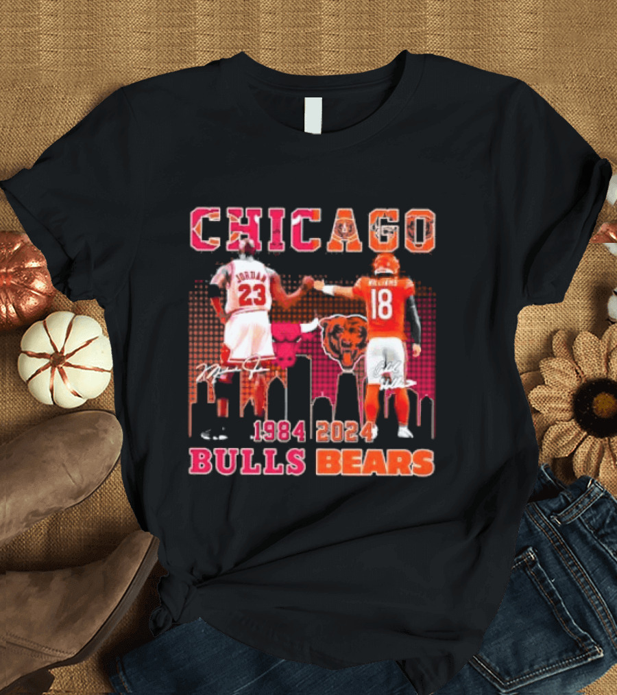 Chicago Bulls Michael Jordan 23 And Chicago Bears Caleb Williams 18 1984 2024 Signatures T-Shirt