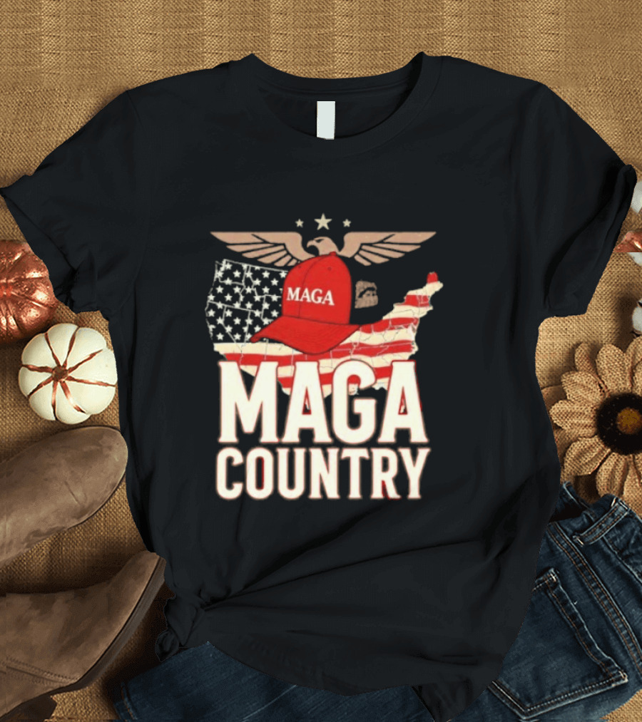 MAGA Country Patriotic USA Map With Red Hat And Eagle Wings T-Shirt