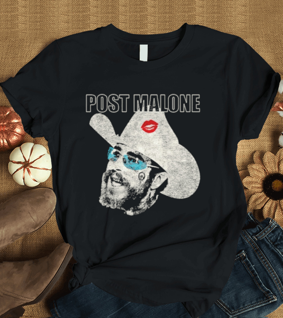 Post Malone Cowboy Hat Kiss Red Lips Blue Sunglasses T-Shirt