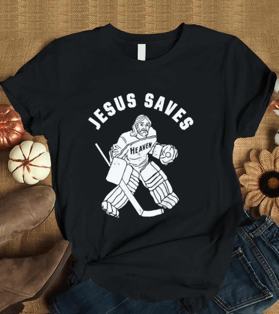Jesus Saves Hockey Goalie Blocking Puck T-Shirt