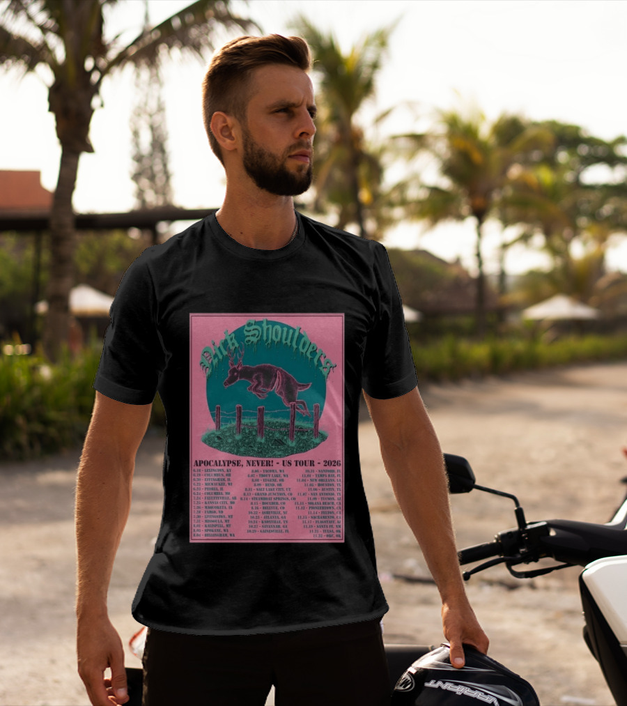 Nick Shoulders Apocalypse Never US Tour 2026 Retro Pink And Teal Leaping Deer Design With Tour Dates T-Shirt