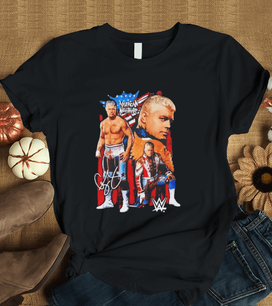 WWE Cody Rhodes American Nightmare Collage Patriotic Wrestling Iconic Signature T-Shirt