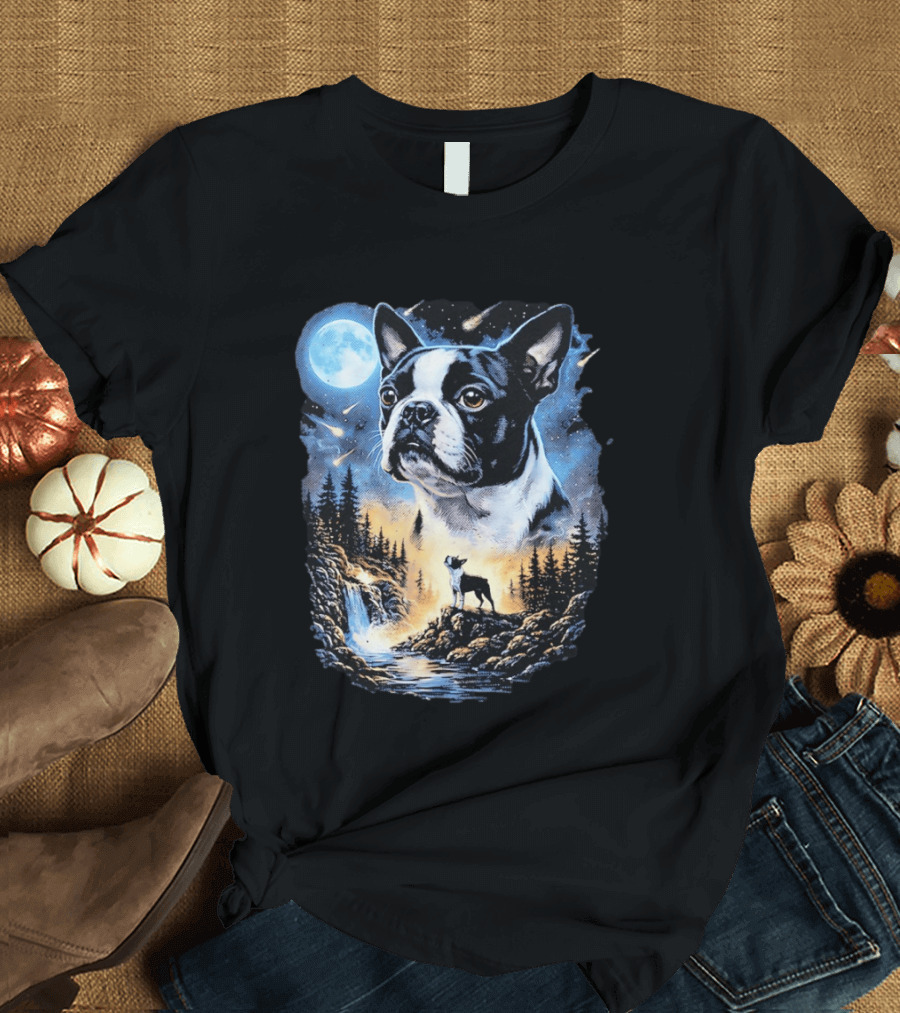 Boston Terrier Howling Moon Night Wilderness Scene T-Shirt