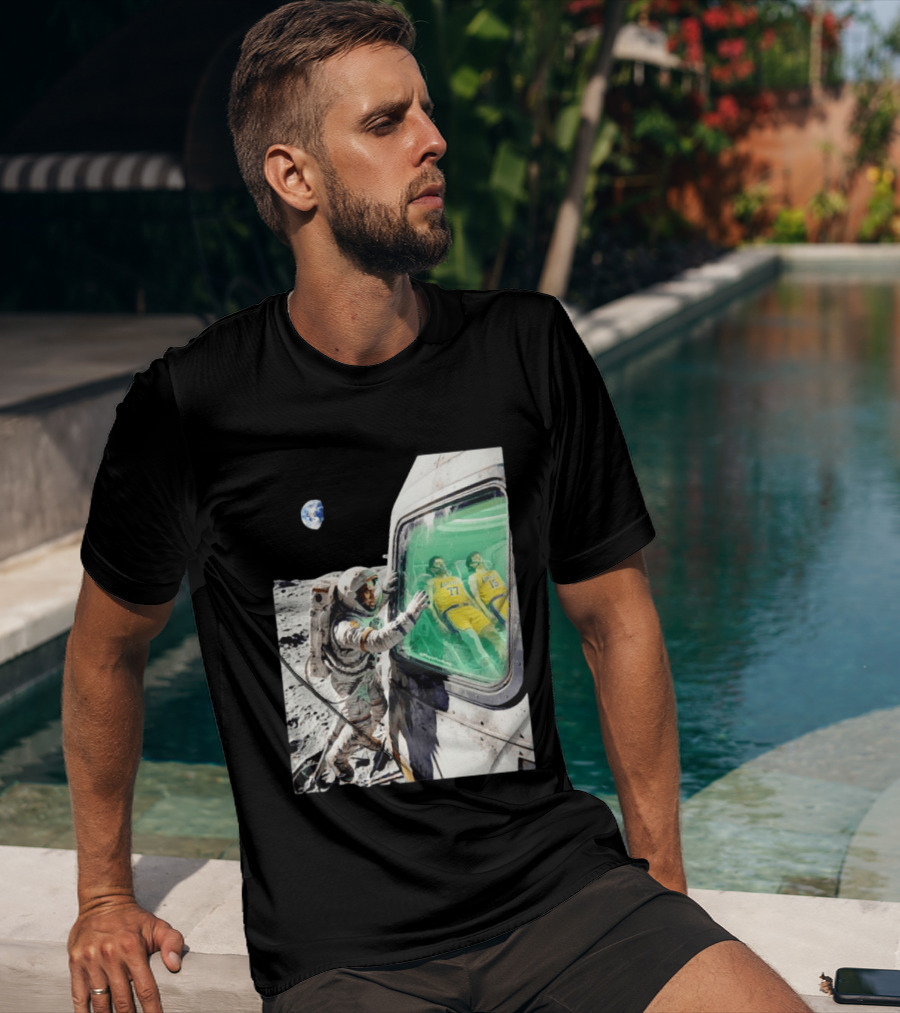 LeBron James Lakers Alone In Space Astronaut Scene With Number 77 And 15 In Spaceship T-Shirt