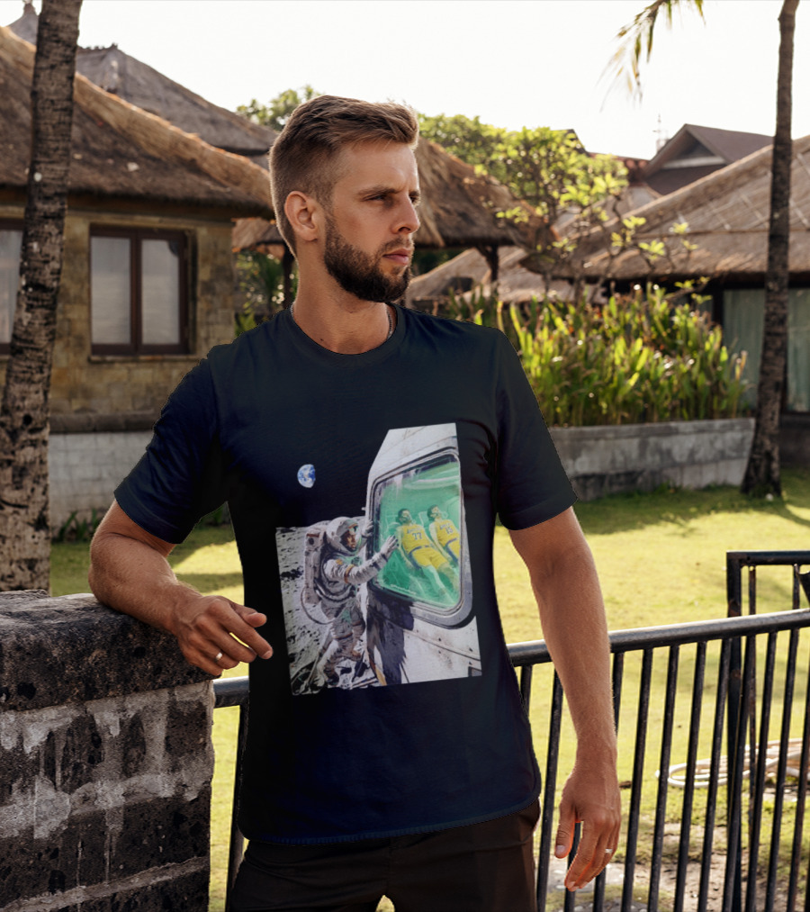 LeBron James Lakers Alone In Space Astronaut Scene With Number 77 And 15 In Spaceship T-Shirt