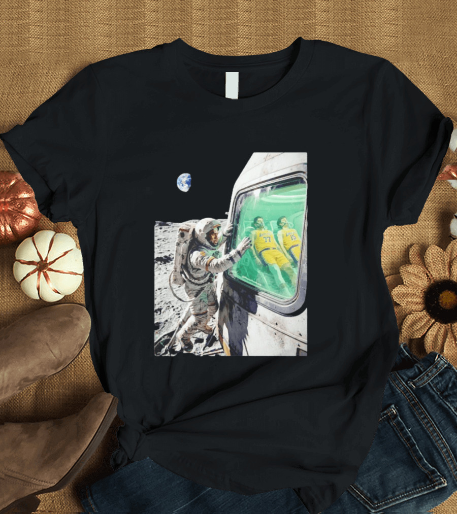 LeBron James Lakers Alone In Space Astronaut Scene With Number 77 And 15 In Spaceship T-Shirt