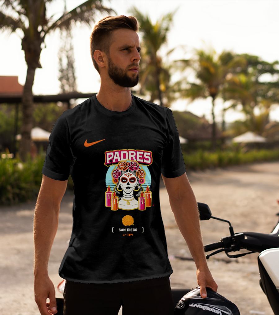 Nike San Diego Padres 2026 City Connect Dia De Los Muertos Candles Roses Large T-Shirt