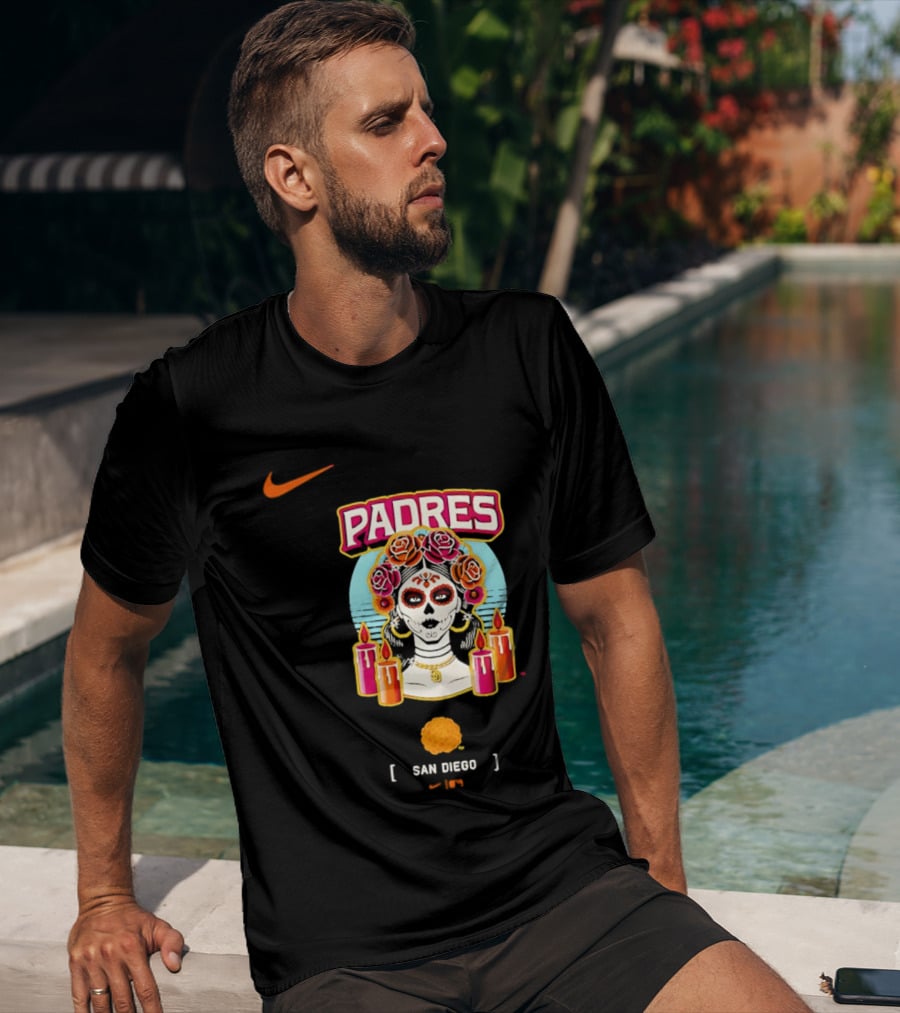 Nike San Diego Padres 2026 City Connect Dia De Los Muertos Candles Roses Large T-Shirt