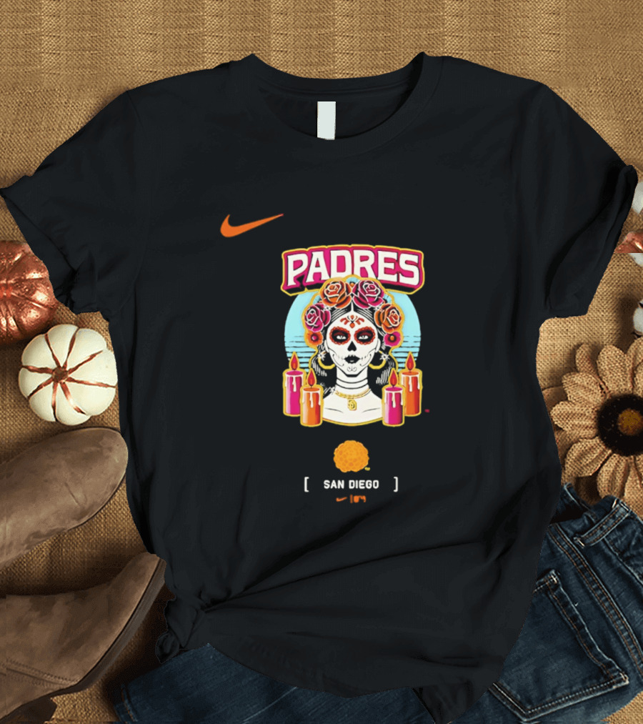 Nike San Diego Padres 2026 City Connect Dia De Los Muertos Candles Roses Large T-Shirt