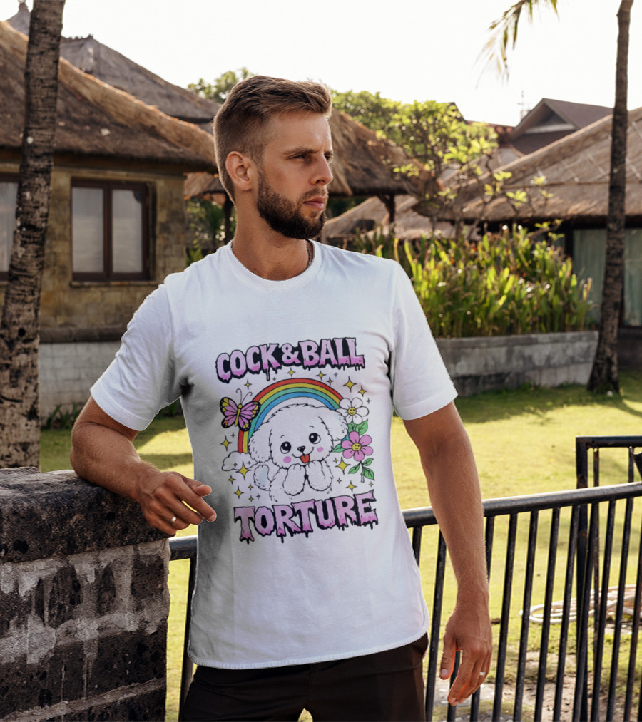 Cock And Ball Torture Dog Rainbow Butterfly Flowers T-Shirt