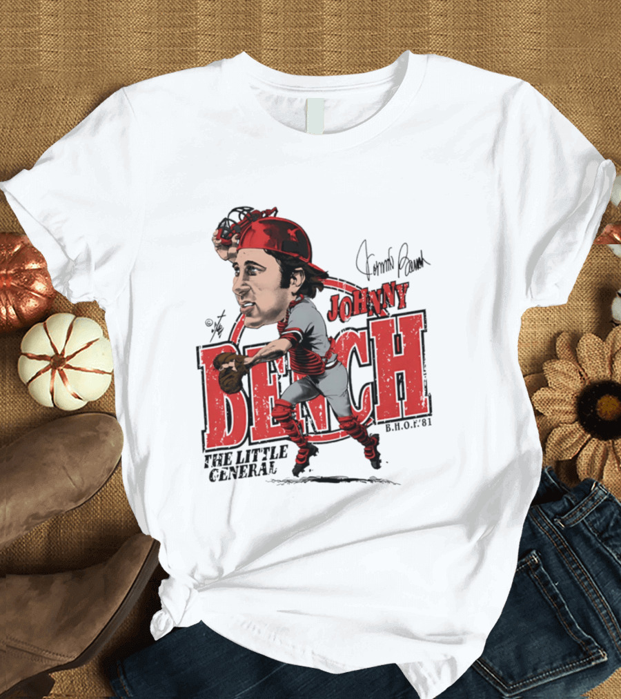 Johnny Bench Cincinnati The Little General Bruce Stark Collection HOF Caricature T-Shirt