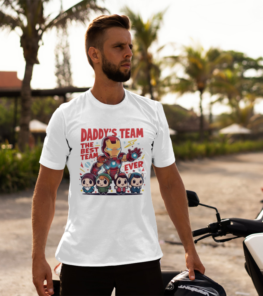 Daddys Team The Best Team Ever Superhero Dad Iron Man And Kids T-Shirt