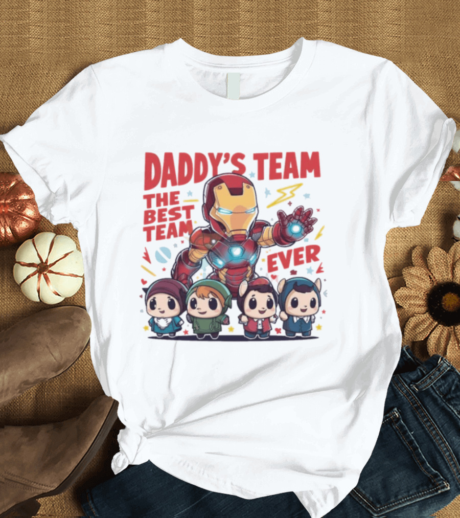 Daddys Team The Best Team Ever Superhero Dad Iron Man and Kids T-Shirt