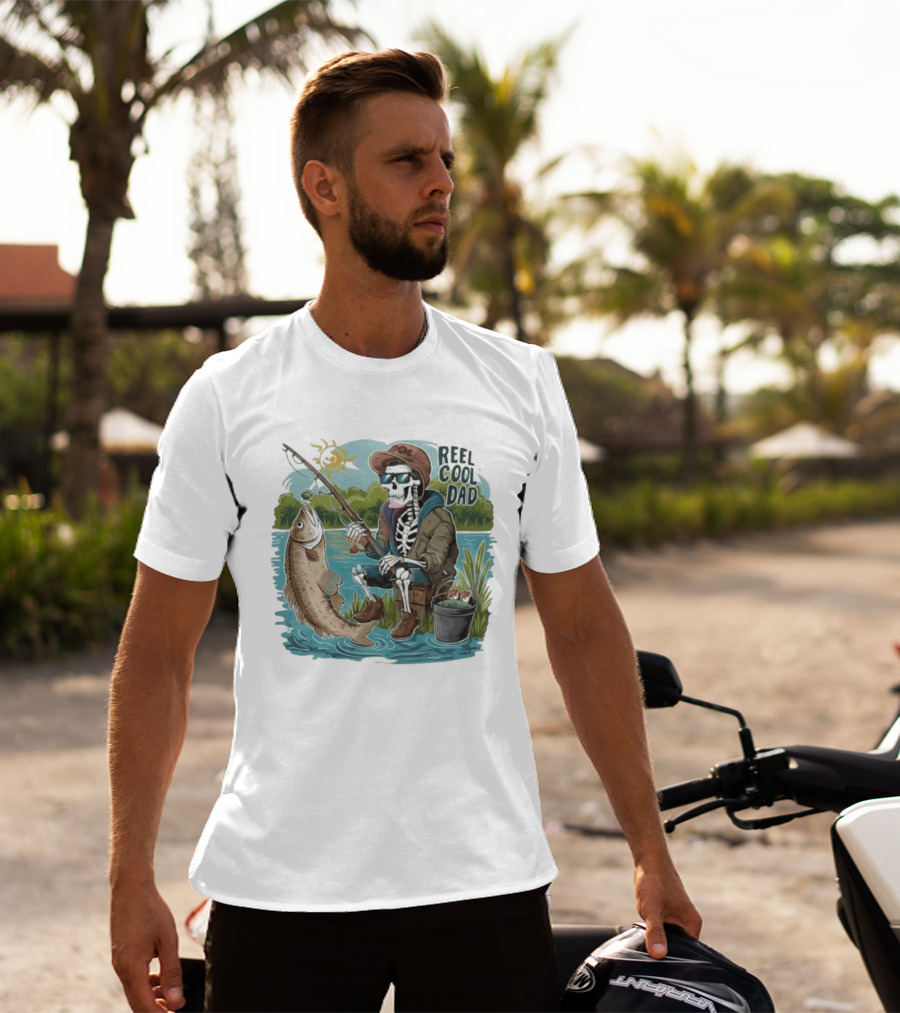 Reel Cool Dad Fishing Skeleton Catching Fish Cartoon T-Shirt