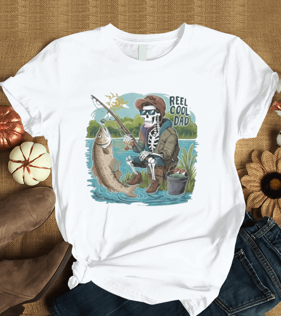 Reel Cool Dad Fishing Skeleton Catching Fish Cartoon T-Shirt