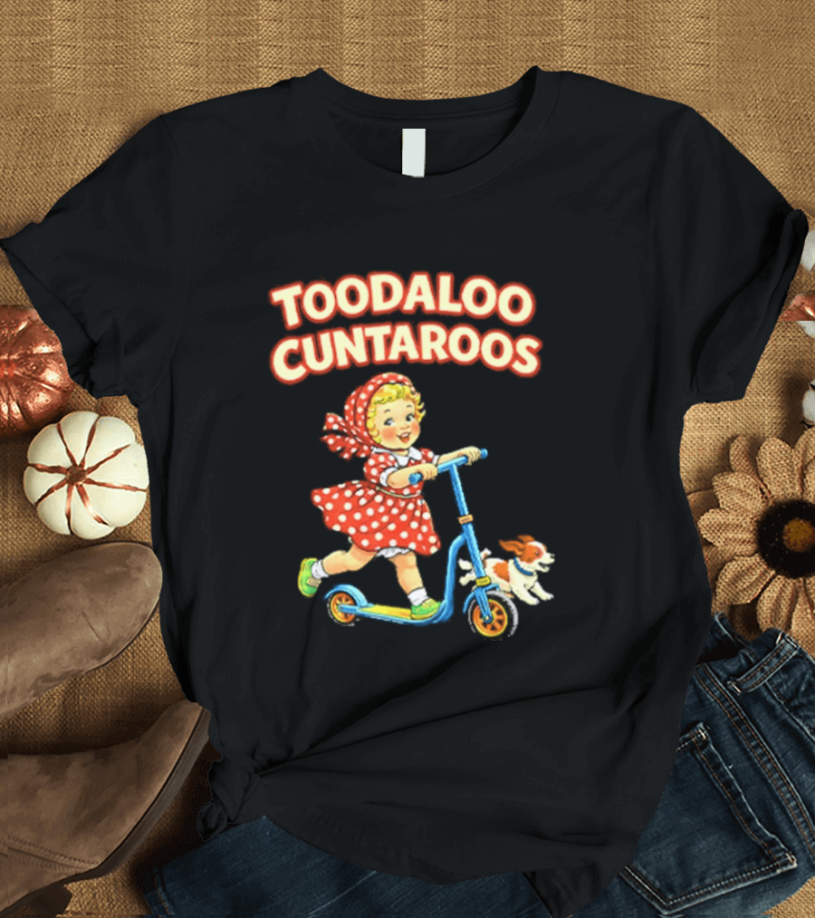 Toodaloo Cuntarooms Scooting Girl And Dog Red Polka Dot Dress T-Shirt