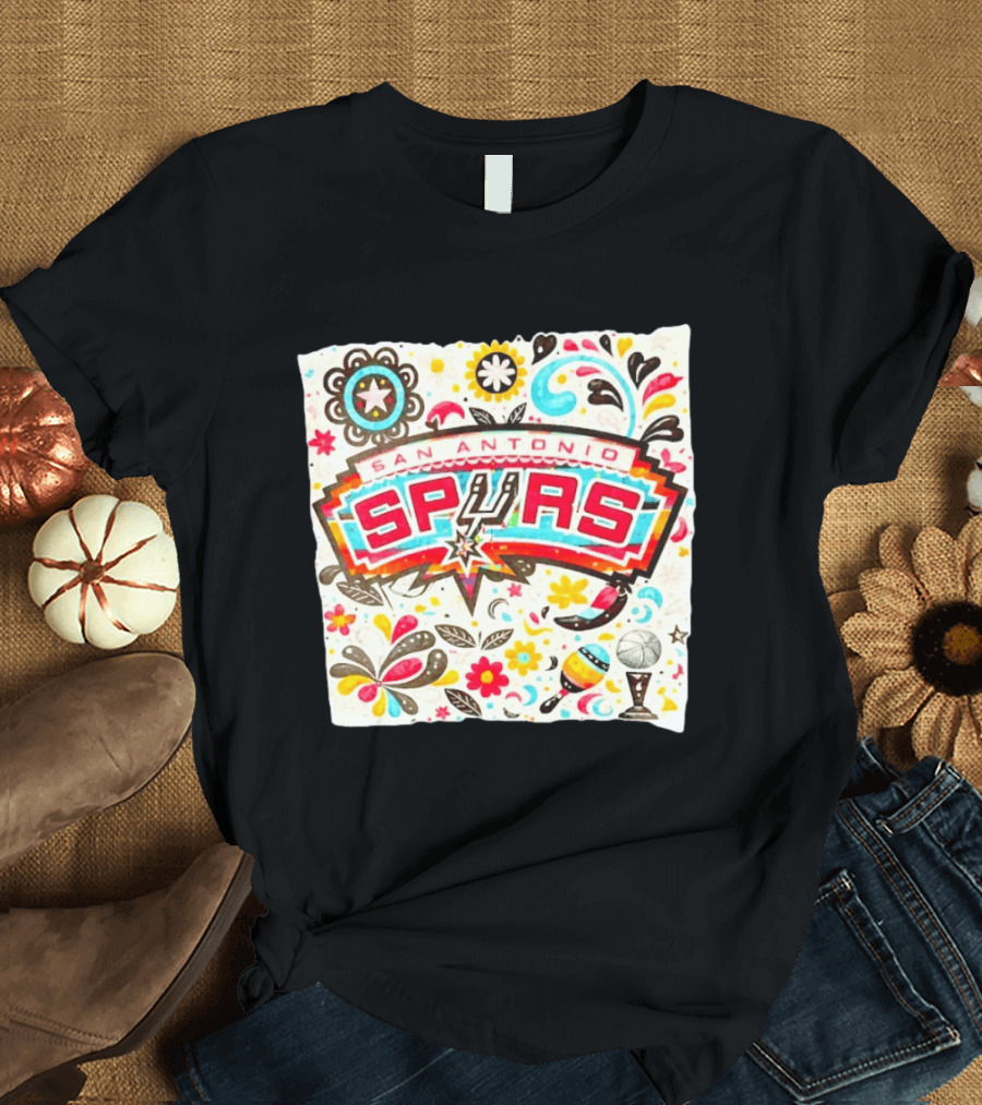 San Antonio Spurs NBA Floral Maracas Basketball Trophy Motif T-Shirt