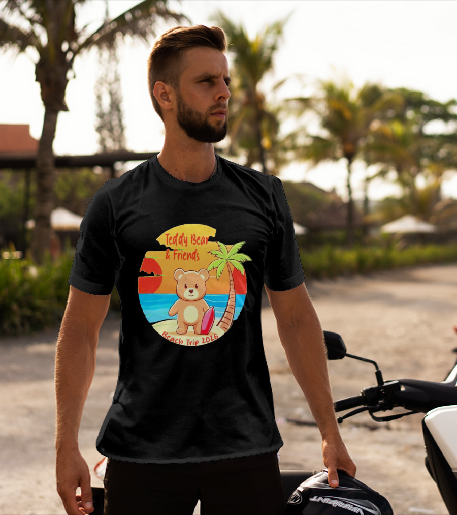 Teddy Bear And Friends Beach Trip 2026 Summer Adventure With Palm And Sunset T-Shirt