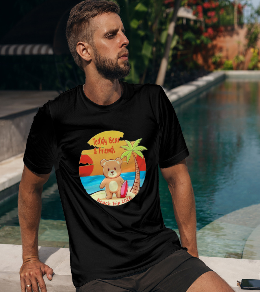 Teddy Bear And Friends Beach Trip 2026 Summer Adventure With Palm And Sunset T-Shirt
