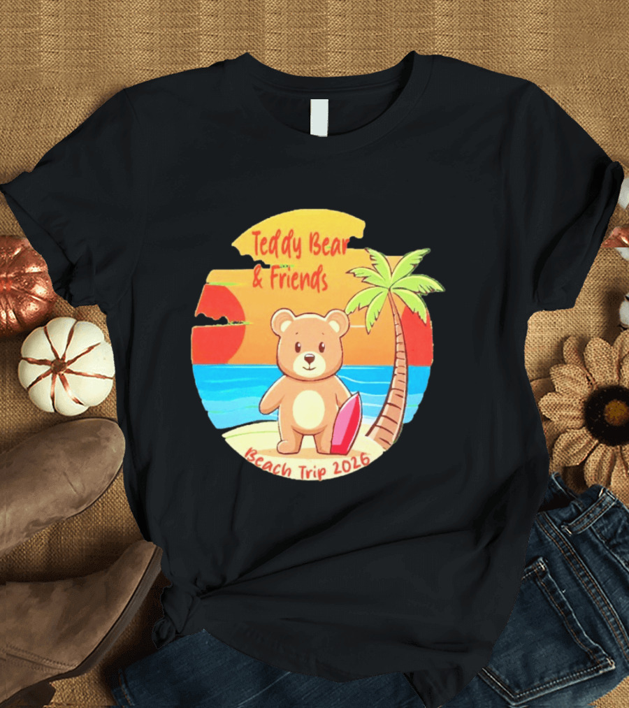 Teddy Bear And Friends Beach Trip 2026 Summer Adventure With Palm And Sunset T-Shirt